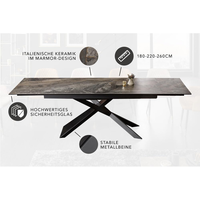 Розкладний обідній стіл invicta INTERIOR Euphoria 180-220-260 см, сіро-коричневий, керамічний, зроблено в Італії, оливково-сірий, чорний