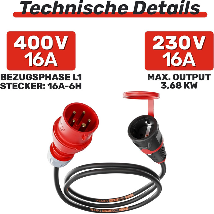 Адаптер NWP 1,5 м 16A 400V з високовольтної вилки на розетку Schuko 230V - IP44 - гумовий шланг 3x2,5 мм