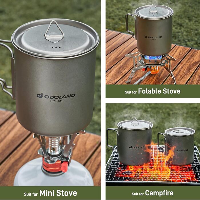Титановий кемпінговий посуд Odoland, кемпінгова плита 420 мл/750 мл титанова кружка, кемпінгова титанова кавова чашка з кришкою та спіраллю, складна ручка для кемпінгу, походів, подорожей