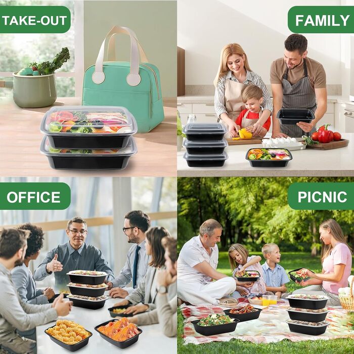 Контейнерів для приготування їжі, багаторазові, без бісфенолу А, з кришками, з міцного пластику, штабелюються, можна використовувати в мікрохвильовій печі, морозильній камері та мити в посудомийній машині (1000 мл/32 унції), 50