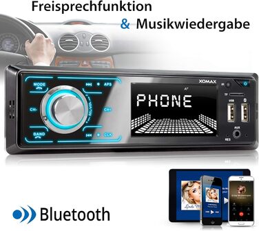 Автомагнітола XOMAX XM-R274 з системою гучного зв'язку Bluetooth, FM, 7 кольорів освітлення, зарядна станція для смартфона через 2-й порт USB, USB, SD, MP3, AUX-IN, 1 DIN