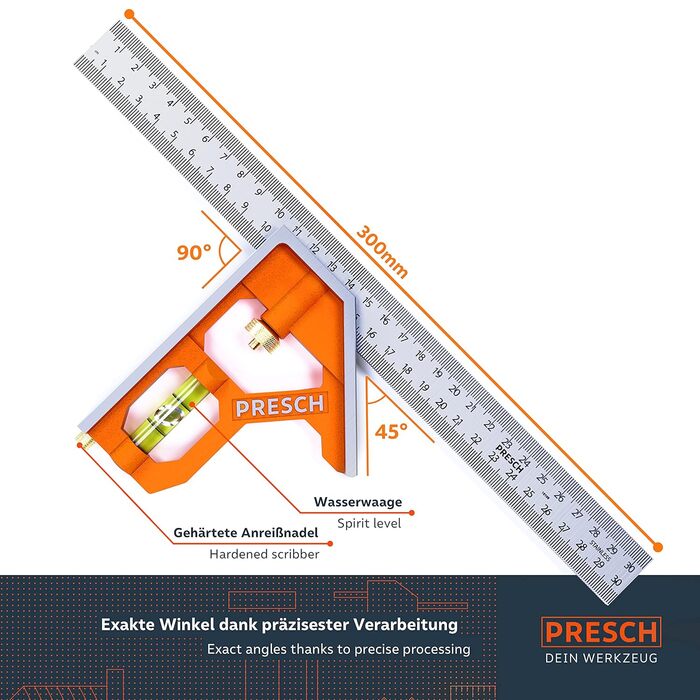 Комбінований кут Presch 300 мм - Точний універсальний комбінований кут з металу з обмежувачем лінійки та інструментом для скрайбінгу - Комбінований квадрат - Високоякісний професійний вимірювальний інструмент