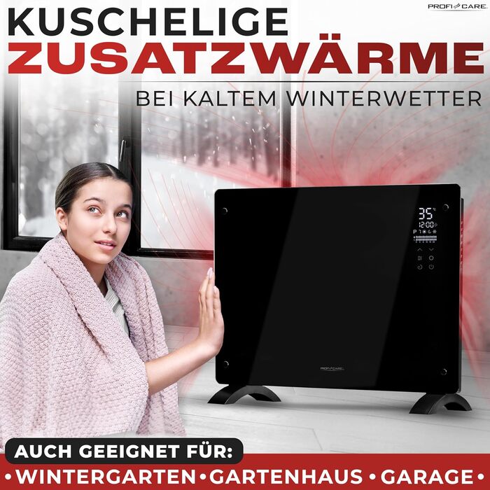 Електричний обігрівач ProfiCare зі скляною передньою частиною та X-подібним нагрівальним елементом портативний обігрівач, також підходить для настінного монтажу конвекторний обігрівач з 2 режимами нагріву безшумний нагрів - 0 дБ PC-GKH 3118 чорний