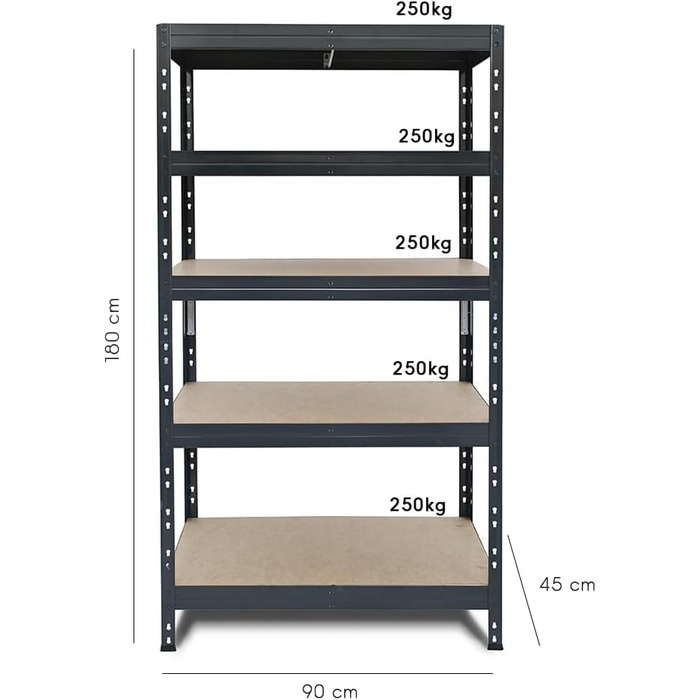 Посилений стелаж Rivet, комплект з 2 шт., з HDF-плитами, 180x90x45 см (ВxШxГ), 5 полиць, вантажопідйомність 250 кг на полицю, антрацитово-сірий. Безригельний стелаж, металевий стелаж, стелаж для підвалу, стелаж для зберігання, стелаж для майстерні, стелаж
