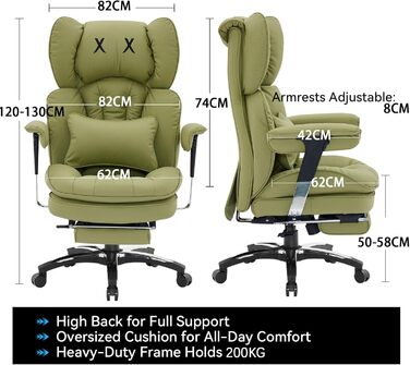 Офісне крісло Efomao, велике та високе крісло зі штучної шкіри X-Embroidery для дому, регульоване ігрове крісло з високою спинкою, поворотне крісло керівника 200 кг з підставкою для ніг та поперековою опорою, оливково-зелене 3070eu-olive Green