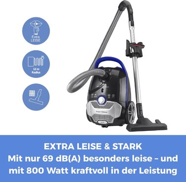 Пилосос з мішком Fakir Blue Vac Power TS 721, 800 Вт, з кабелем, HEPA H14 фільтр, тихою високоефективною мотором 69 дБ(А), містком для пилу 3 л та радіусом дії 12 м, чорний/синій