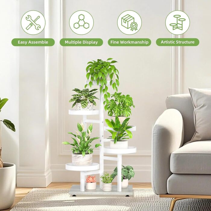 Металева підставка для рослин з 5 ярусами, полиця для рослин для приміщень/вулиці, дерев&39яна підставка для квітів для саду, балкону, вітальні (біла)
