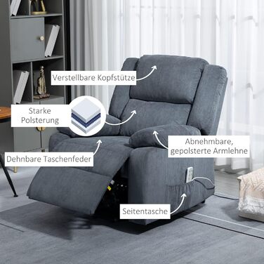 Електричне крісло-реклайнер HOMCOM з підйомником, 3 двигуни, пружинне крісло для телевізора Pocket Spring, нульова гравітація, бічна кишеня та пульт дистанційного керування, сірий