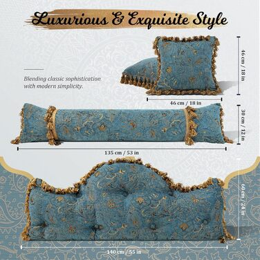 Розкішна європейська подушка для узголів&39я ліжка, класична вінтажна декоративна подушка з вишитим квітковим візерунком, м&39яка подушка для читання з опорою для спини, знімний чохол, бірюзово-блакитне узголів&39я, 140 см x 60 см x 15 см