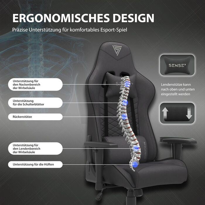 Офісне крісло Spellcaster Gaming Fabric, ергономічне крісло для геймерів, підлокітники, цільна сталева рама, регульований кут нахилу, чорний колір, 43-52 x 69,5 x 57, 5902659841537 Тканина чорного кольору