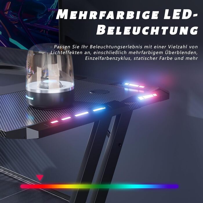 Ігровий стіл 120 x 60 см, Ігровий стіл зі світлодіодним підсвічуванням, Ігровий стіл для ПК з вуглецевим волокном, Міцний комп&39ютерний стіл для ігор з гачком для навушників та підставкою для чашок, Чорний