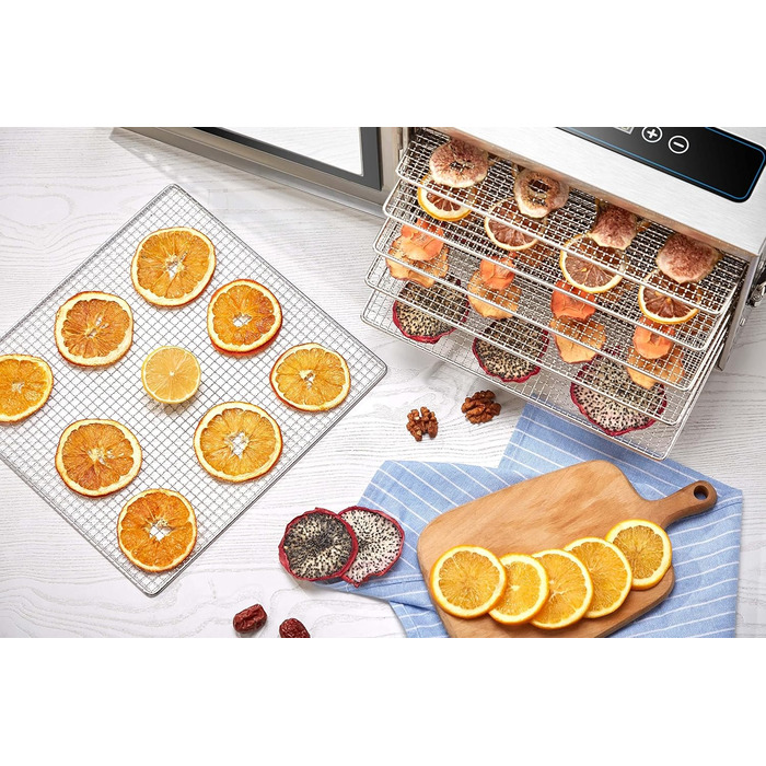 Дегідратор з нержавіючої сталі з регулятором температури (30-90C) Таймер на 24 години Drrer Дегідратор Сушарки для фруктів Дегідратор для фруктів і м'яса Система циркуляції повітря на 360 Цифровий дисплей 6 поверхів