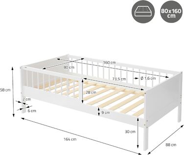 Дитяче ліжко ML-Design 80x160 см, біле, односпальне ліжко для дітей з рейковою основою та захисними поручнями, дитяче ліжко з сосни, дерев&39яне ліжко, каркас ліжка для хлопчиків та дівчаток, дитяче ліжечко з масиву дерева, ліжечко для малюків 80 x 160 см