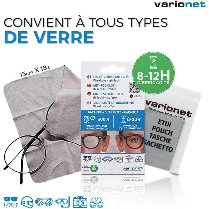Скляні ганчірки Varionet проти запотівання, 15 x 18 см, ефективність 12 годин і 300 застосувань, ганчірка з мікрофібри, ганчірка для чищення проти запотівання, 15 x 18 см мала