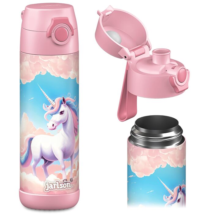 Дитяча пляшка для пиття Jarlson MALI з нержавіючої сталі ТЕРМОС - Герметична дитяча пляшка для пиття - Підходить для газованих напоїв - Пляшка для пиття для школи та дитячого садка (500 мл, рожевий єдиноріг) 500 мл рожевий єдиноріг