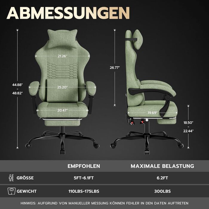 Ігрове крісло Тканинне офісне крісло, масажне ігрове крісло з підголівником, ергономічне гоночне ігрове сидіння з підставкою для ніг, 60 * 60 * 120 см (зелене)