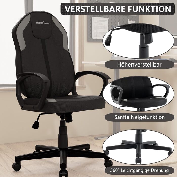 Ергономічне офісне крісло сітка та технічна тканина, регульоване по висоті, поворотне, плавний нахил, поперекова підтримка, робоче крісло для дому або офісу, чорне, важке