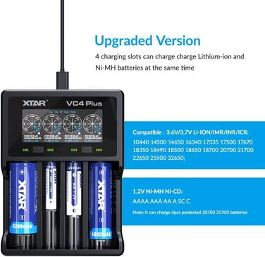 Зарядний пристрій XTAR VC4 Plus з адаптером QC3.0, одночасна зарядка літій-іонних та нікель-металгідридних акумуляторів, швидкий зарядний пристрій 3A, зарядний пристрій на 4 акумулятори VC4 PLUS