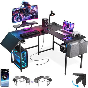 Ігровий стіл із розумним світлодіодним освітленням, L-подібний стіл із подовжувачем для домашнього офісу, кутовий стіл 120-150 см з розеткою, сумка для зберігання, підставка для монітора, чорний