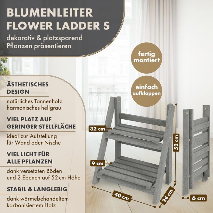 Квіткова драбина S 52x424см світло-сіра - 2-ярусна квіткова драбина, декоративна та стійка до атмосферних впливів, виготовлена з масиву дерева - підставка для рослин для квартири, балкону, тераси, для вулиці та приміщень, складна, S - 52x424см