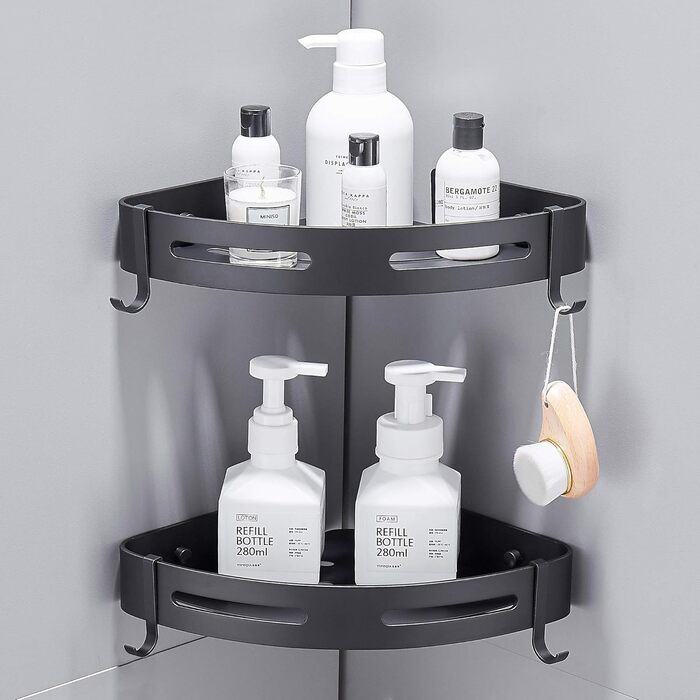 Полиця для душу Hoomtaook Кутова полиця Кошик для душу Полиці для душу без свердління для ванної кімнати, матове покриття, полиця для ванної кімнати, 2 шт. чорного кольору