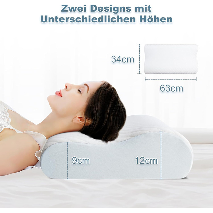 Подушка для шиї - ергономічна подушка з піни з ефектом пам&39яті для полегшення болю в шиї, подушка для підтримки шиї зі знімною наволочкою, для сну на боці, спині та животі, 63*34*12/9 см, біла