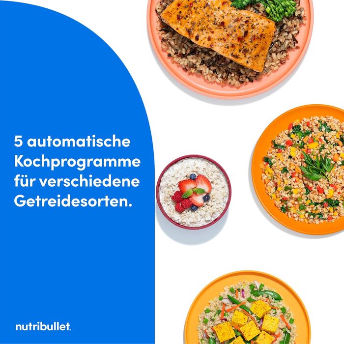 Мультифункціональна рисоварка nutribullet EveryGrain Cooker, на 10 чашок, 5 автоматичних програм, функція підігріву 12 год, з ложкою та вставкою, 600 Вт, сіра (NBRC605DG)
