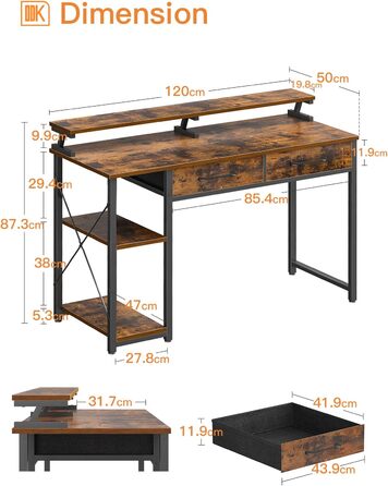Стіл з 2 шухлядами, комп'ютерний стіл з полицями і підставкою для монітора, офісний стіл з книжковою полицею, комп'ютерний стіл дл