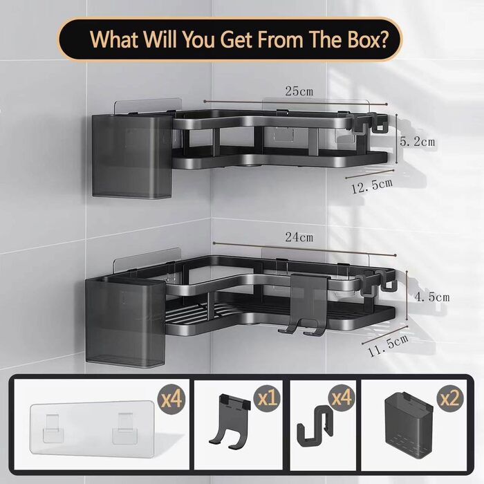 Кутова полиця для душу без свердління, 2 шт., чорна. Органайзер для ванної кімнати з 4 гачками, полиці для душу, аксесуари для душу, тримач для шампуню у ванну кімнату.