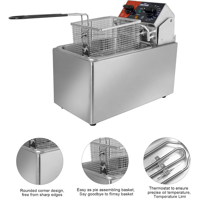 Електрична настільна фритюрниця з легкою в очищенні обертовою головкою фритюрниці, таймером на 30 хвилин, знімним масляним баком 304 SS з ручкою (4 л з одним баком), 4L