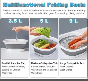 Складана чаша для миття посуду, 5 л, портативний умивальник, силіконовий пластиковий кошик, багатофункціональний туристичний умивальник, кемпінгова раковина, компактна складна ванна (сіра) 5 л Сірий