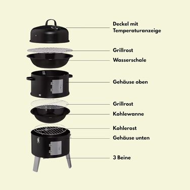 В-1 Дим-гриль Вугільний гриль з кришкою для копчення, смаження та приготування (з резервуаром для води, 2 решітками для грилю, гачками для копчення, термометром) Димна бочка для саду та кемпінгу, 400 3-