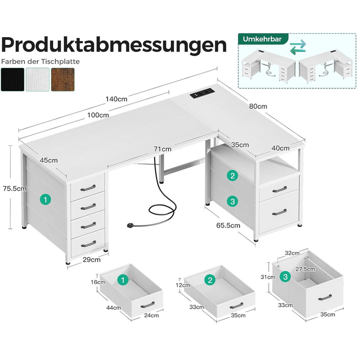 Письмовий стіл Coleshome з тканинними шухлядами, 140x80 см, двосторонній L-подібний стіл з шухлядою для документів, кутовий стіл з портом зарядки USB та розеткою, столи для домашнього офісу, білий 140x80 см