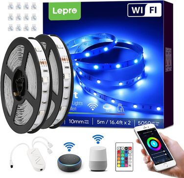 Світлодіодна стрічка Lepro Alexa 10M, 2x5M, 300 світлодіодів з можливістю затемнення RGB, світлодіодна стрічка Wi-Fi, світлодіодний ремінець Wlan, самоклеючі надяскраві стрічки Смуги для струнних світильників з дистанційним керуванням, сумісні з Alexa, до