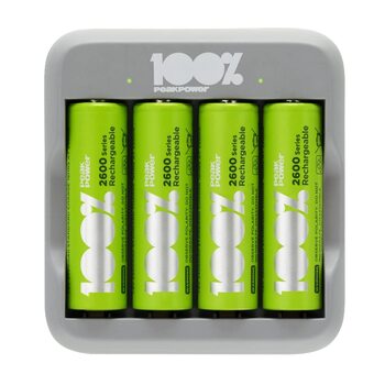 Зарядний пристрій PeakPower для акумуляторів типу AA AAA USB-зарядний пристрій, захист від перезаряджання, таймер безпеки Компактний зарядний пристрій на 4 слоти з 4 батареями типу AA 2300 мАг 4 батареями типу AA