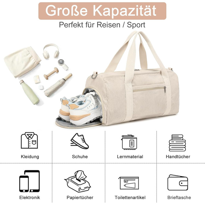 Спортивна сумка для дітей, сумка для плавання для хлопчиків та жінок з відділенням для взуття та відділенням для вологи, сумка для купання для підлітків, невелика дорожня сумка, сумка для фітнесу (Corduroy Pure Beige)