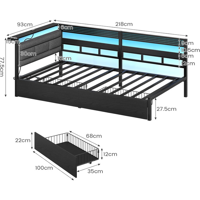 М&39який диван-ліжко 90x200 зі світлодіодним освітленням, зарядною станцією, кушеткою, дитячим ліжком з 2 шухлядами та металевим рейковим каркасом, м&39яким узголів&39ям з відкритим місцем для зберігання, чорний 90 x 200 см
