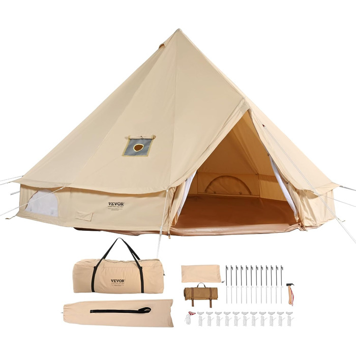 Намет-юрта VEVOR Bell Tent 3-7 м, підходить для 6-12 осіб, виготовлена з бавовни TC та має міцні залізні стійки з ПВХ підлогою. Кемпінговий намет-дзвін з парусини.