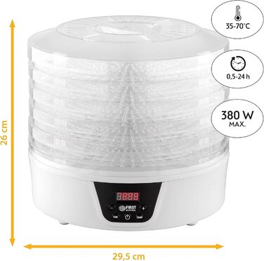 Дегідратор TZS First Austria Дегідратор для фруктів, трав, грибів і м'яса цифровий з таймером і регулятором температури 35-70C 5 рівнів, полиці з інкрустацією без бісфенолу А, дегідратор з таймером