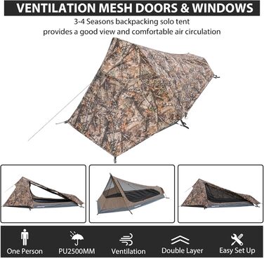 Намет-бівак GEERTOP на 1 особу, бівак-мішок, трекінговий намет, кемпінговий намет, міні-пакет, легкий, на 3-4 сезони для кемпінгу, походів, подорожей та скелелазіння на свіжому повітрі, реалістичний камуфляж, на 1 особу