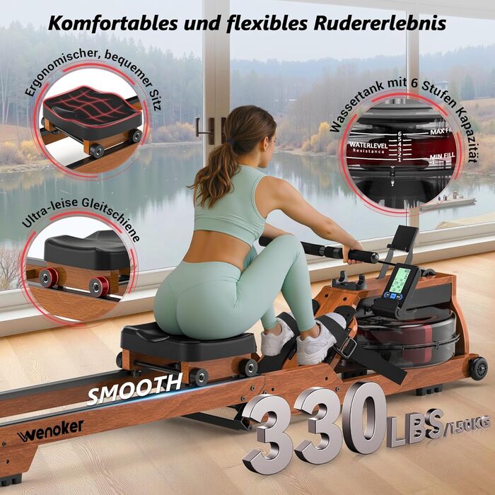 Тестова версія 2026 Водний веслувальний тренажер Wenoker для домашнього використання, дерев&39яний, складний, зручне сидіння, Bluetooth-дисплей, подвійні ковзні рейки, максимальне навантаження 150 кг, натуральний дуб
