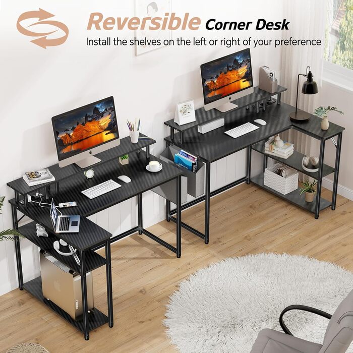 Кутовий ігровий стіл зі світлодіодним освітленням та довгою підставкою для монітора, L-подібний стіл із портом зарядки USB, розеткою та боковими кишенями, кутовий комп&39ютерний стіл для домашнього офісу, вуглецеве волокно