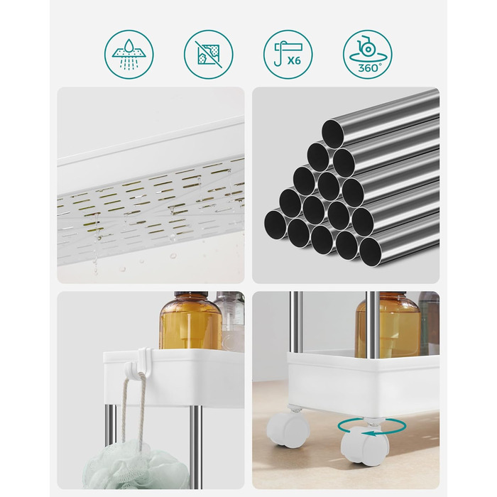 Візок, кухонний візок з 4 рівнями, кухонна полиця, полиця в нішу, з 6 гачками, поворотні колеса на 360, замикається, сталева рама,