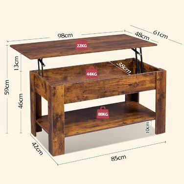 Журнальний столик WLIVE з регульованою висотою та полицею, прямокутний стіл для вітальні з відкритим та прихованим місцем для зберігання, журнальний столик для вітальні, спальні (індустріальний, рустикальний коричневий) Рустикальний коричневий індустріаль