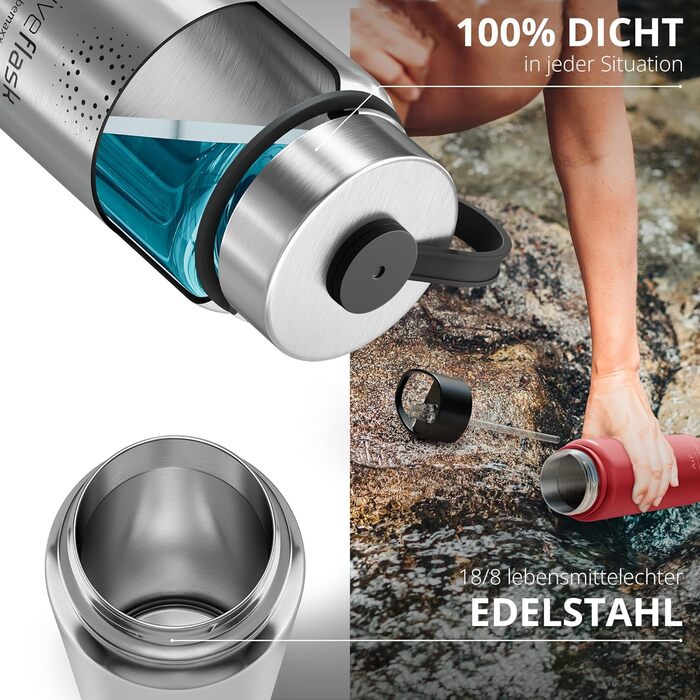 Пляшка для пиття з нержавіючої сталі АКТИВНА КОЛБА соломинка (3 кришки) Не містить бісфенолу А, герметична, вугільна кислота Підхо