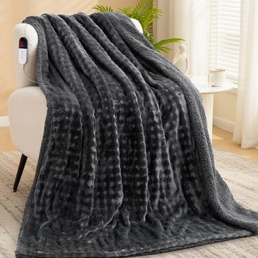Електрична ковдра з підігрівом 150x200 см, підкладка з 3D-бульбашкової фланелі та шерпи, 6 налаштувань температури, таймер 1-10 годин, двостороння електрична ковдра для ліжка, дивана, офісу, можна прати в пральній машині, ідея для подарунка, сірий