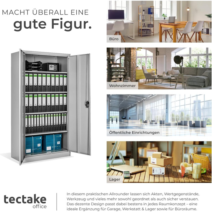 Картотечна шафа tectake, 180 x 90 x 40 см, офісна шафа, що замикається, багатоцільова сталева шафа, універсальна шафа, з 2 дверима, включаючи 5 полиць з регульованою висотою, картотечна шафа, що замикається - сіра