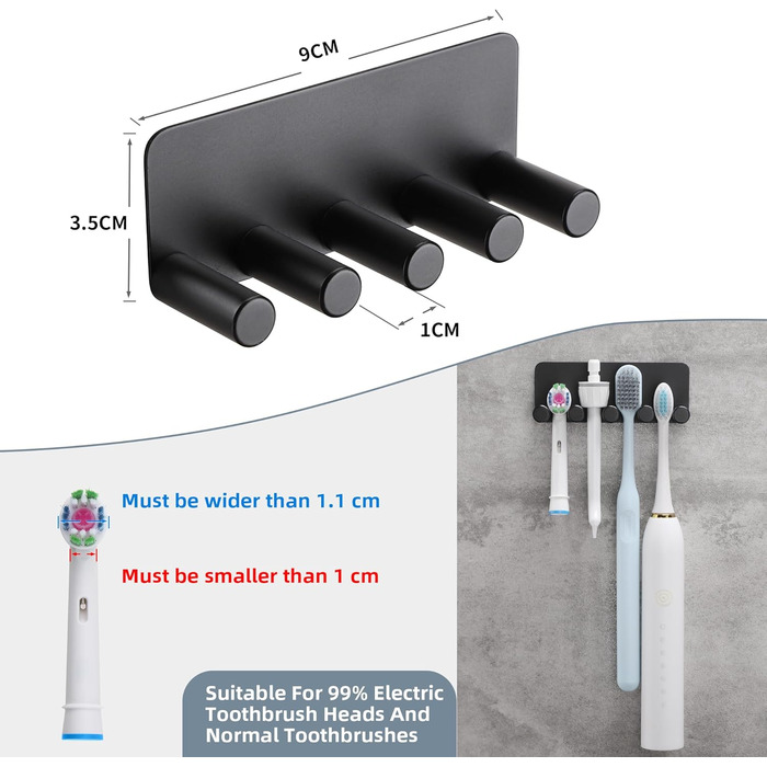 Тримач зубної щітки OETAMS Настінний тримач електричної зубної щітки Без свердління Тримач головки щітки Тримач зубної щітки з нержавіючої сталі Самоклеючий тримач головки зубної щітки чорний