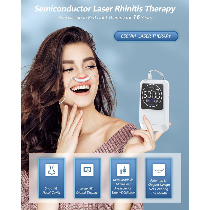 Прилад для лікування риніту з червоною лампою KTS, лазерне лікування для полегшення алергії при алергічному риніті, відновлення слизової оболонки носа, хропіння, закладеності носа, свербіння в носі, синуситу, застуди