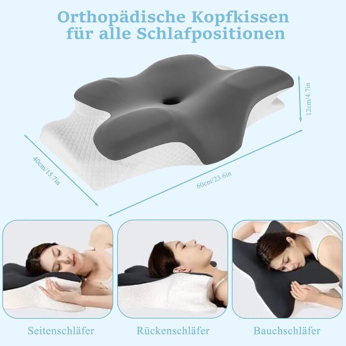 Подушка для шиї, подушка з піни з ефектом пам&39яті, ергономічна подушка для сну на боці, ортопедична подушка від болю в шиї, подушка з підтримкою шиї для сну на боці, спині та животі, 60x40x12 см